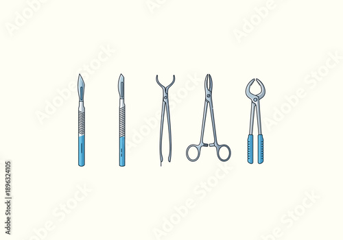Vector Concept Design Ilustration Dental surgical instruments - Scalpels, forceps, and extraction tools.