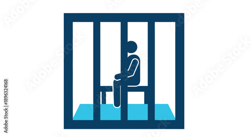 A silhouetted figure sits inside a blue framed enclosure suggesting imprisonment