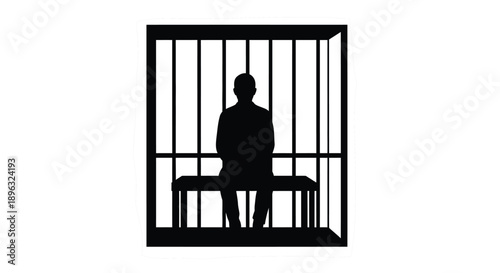 Silhouette of a person seated on a bench inside a barred cage or enclosure