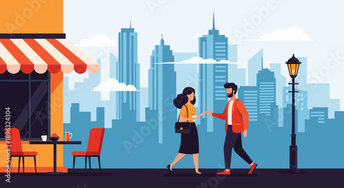 Illustration of a couple walking past a cafe with a city skyline in the background