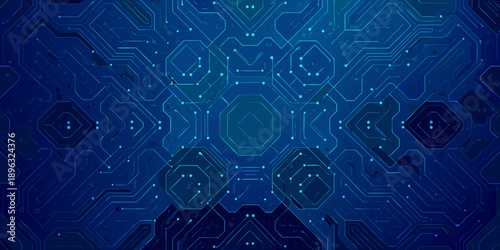 Abstract blue circuit board pattern with interconnected lines and hexagonal shapes