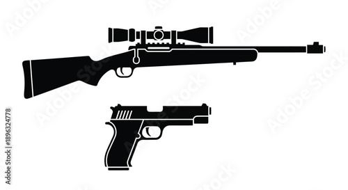 Black and white silhouette illustration of a rifle and handgun