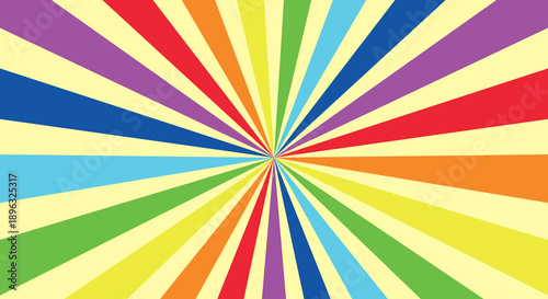Colorful radial sunburst background with vibrant rainbow rays, retro abstract design for poster, banner, party backdrop, creative graphic, energetic visual and dynamic colorful background