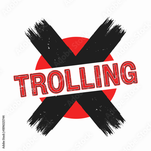 Graphic illustration featuring the word 'Trolling' with a grunge cross symbol, representing online provocation.