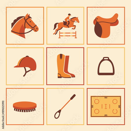 Equestrian icons set with horse riding equipment