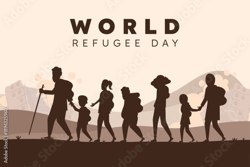 The silhouettes of crumbling buildings and tangled barbed wire serve as a stark reminder of the conflict and obstacles they fled. The bold lettering below emphasizes this image as a call for global co