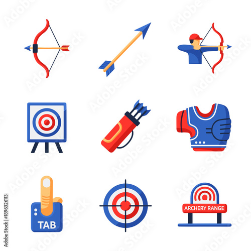 Archery icons set with bow, arrow, target, and quiver