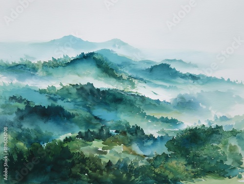 水彩画風に描かれた霧に包まれる山並みと静かに広がる幻想的な風景
