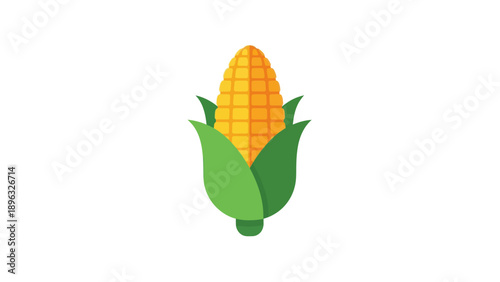 Fresh Corn Cob with Green Leaves, Simple Flat Design