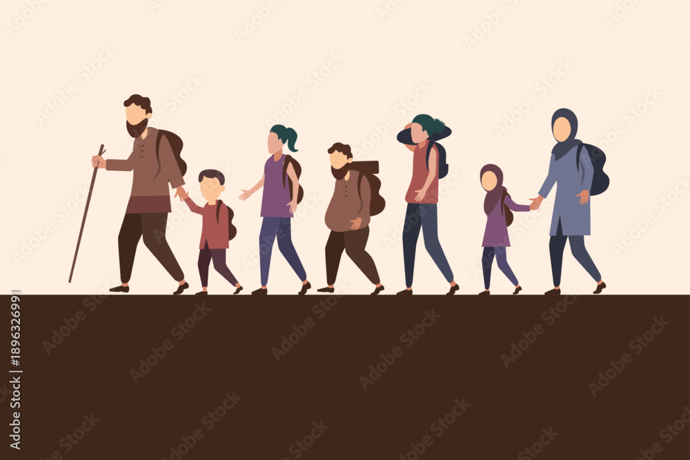 Obraz premium The primary image is a powerful flat-design illustration dedicated to World Refugee Day. It depicts a group of displaced individuals—men, women, and children—walking in a line, carrying their belongin