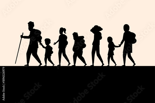 The silhouettes of crumbling buildings and tangled barbed wire serve as a stark reminder of the conflict and obstacles they fled. The bold lettering below emphasizes this image as a call for global co