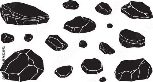 Black rocks and stones on white background illustration set