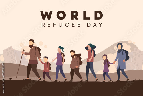 The primary image is a powerful flat-design illustration dedicated to World Refugee Day. It depicts a group of displaced individuals—men, women, and children—walking in a line, carrying their belongin