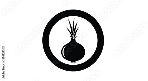 A black and white graphic of an onion within a circular border