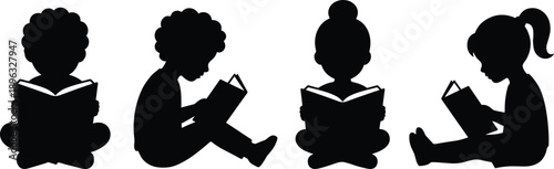 Children reading book silhouettes collection showing boys and girls sitting and learning, childhood education and imagination isolated on white background
