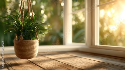Wallpaper Mural A delicate hanging plant basket suspended by a sunny window, letting natural light spill onto the wooden surface, creating a peaceful and harmonious indoor space. Torontodigital.ca