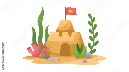 A cartoon illustration of a tan-colored sandcastle with a small arched entrance and a red flag with a yellow sun design (3)_traced