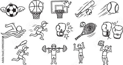 Line art sports equipment icons showing soccer ball baseball bat and ball american football tennis racket volleyball and basketball hoop in black and white