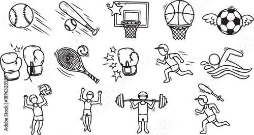 Line art sports equipment icons showing soccer ball baseball bat and ball american football tennis racket volleyball and basketball hoop in black and white