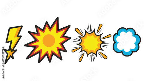 A cartoon-style illustration of four comic book explosion and action symbols arranged horizontally (4)_traced