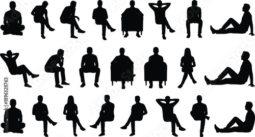 Seated people silhouettes mega collection showing men and women sitting, relaxing, thinking and waiting poses, lifestyle and body language isolated on white background