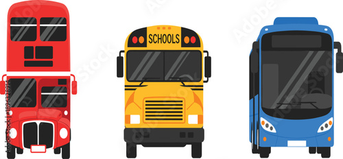 Public Transport Bus Vector Set Featuring City Double Decker, School Bus, and Modern Coach Vehicles for Urban Transportation Design Projects