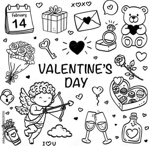 Valentine's Day doodle set with cupid, hearts, gifts, and romantic icons in cute black and white style, perfect for greeting cards, festive designs
