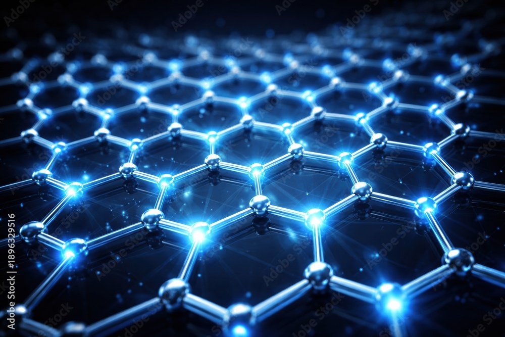 Fototapeta premium Exploration of a Complex Hexagonal Lattice Structure With Reflective Nodes and Glowing Highlights in a Dark Environment at Night