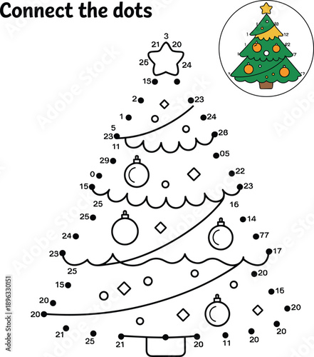 Educational connect the dots activity for children featuring a Christmas tree with ornaments and a star