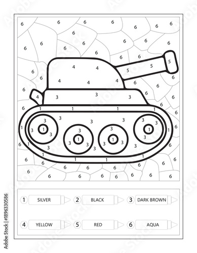Fotografía Tank Color by Number Vehicle Educational Worksheet for Kids