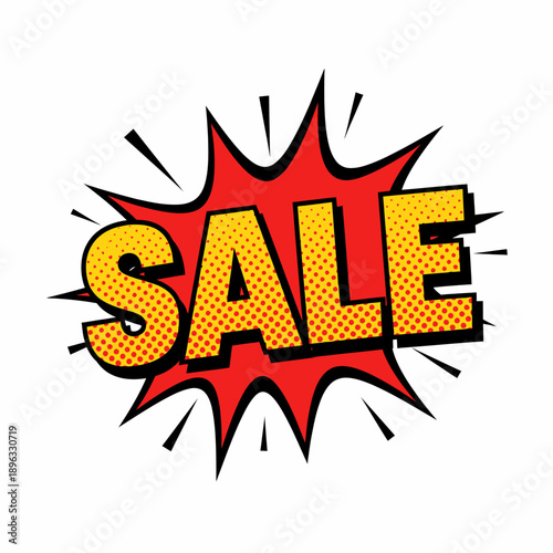 Dynamic red and yellow sale explosion graphic in a classic comic book style, ideal for advertising promotions, price reductions, and special offers for customers