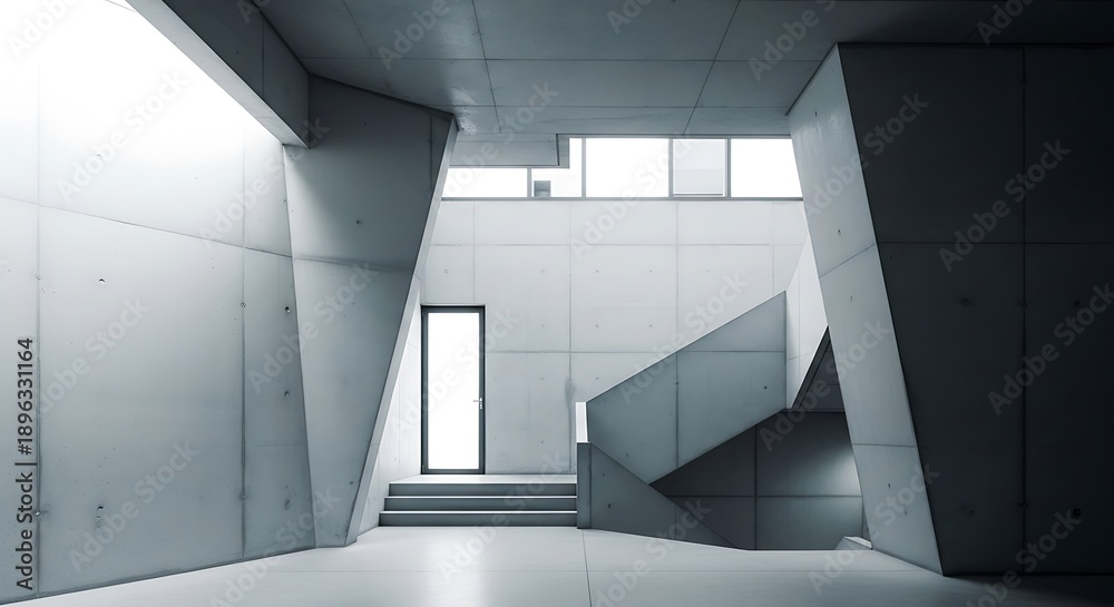 Obraz premium A modern, minimalist interior with a staircase and large windows in a sleek, gray building