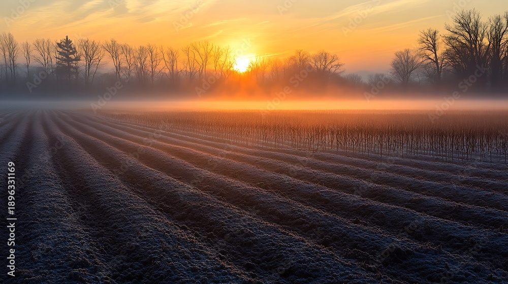 Fototapeta premium Agricultural field bathed in morning mist under a soft gradient sunrise sky
