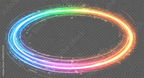 Vibrant rainbow colored neon light circle with sparkling effect