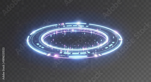 Glowing blue and purple neon ring with bright lights on a transparent background with a futuristic design element