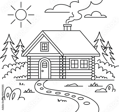 Rustic log cabin nestled in a forest clearing with a winding path leading to the door under a bright sun and wispy clouds, coloring