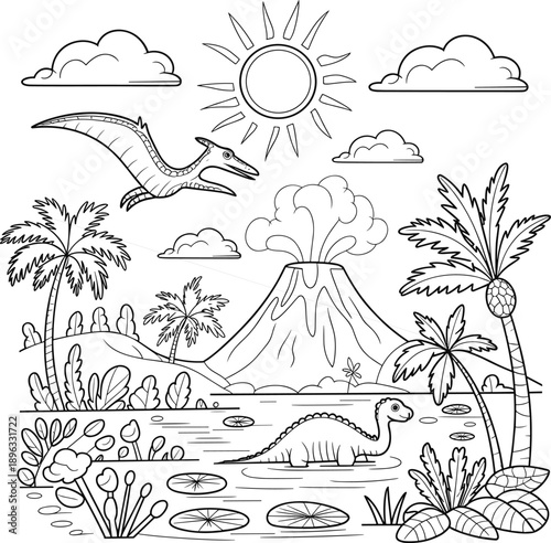 Prehistoric landscape with erupting volcano, flying pterodactyl, and dinosaur in water eruption