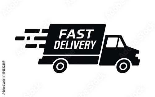 Black silhouette of truck with text fast delivery moving quickly, icon for logistics and transport services, speed and efficiency concept, isolated on gray background