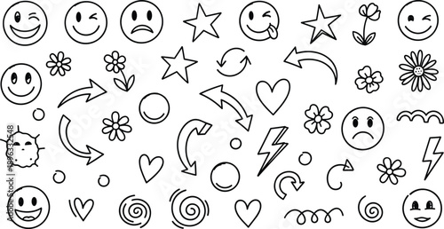 Hand Drawn Doodle Emoji And Symbol Icon Set With Smiley Faces Hearts Stars Flowers And Arrows In Playful Black Outline Illustration Style Isolated On White Background