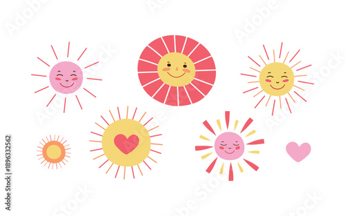 A collection of cheerful suns and hearts. Cute, bright cartoon suns with smiles on their faces. Colorful spring summer set.
