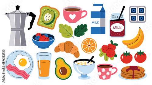 A colorful illustration of a breakfast and brunch scene arranged in a flat, cartoon style on a white background (4)_traced