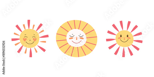 Multicolored, cheerful suns. Cute, bright, cartoon suns with smiles on their faces. Colorful spring, summer set.