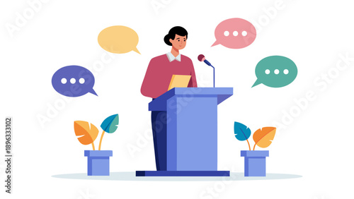 A person giving a presentation at a podium with speech bubbles and plants around them, viewed from the front