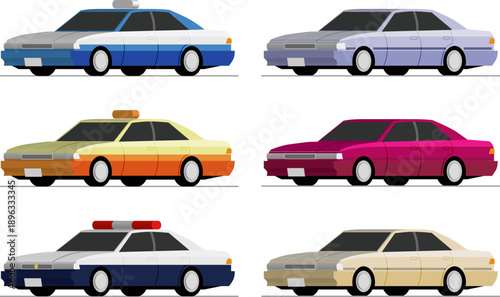 Six vector illustrations of various cars including police vehicles, taxis, and sedans in different colors.