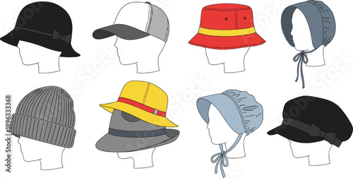 Set of various headwear fashion icons including baseball cap, beanie, sun hat, vintage bonnet, bucket hat, and fedora vector illustration isolated on white background.