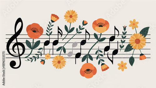 A decorative musical staff illustration with orange and yellow flowers arranged along the black musical lines (4)_traced