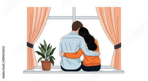 Illustration of a couple sitting on a windowsill with their arms around each other looking out the window with peach curtains and a potted plant.