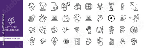 Artificial Intelligence Line Icons for Digital Technology and Smart Systems