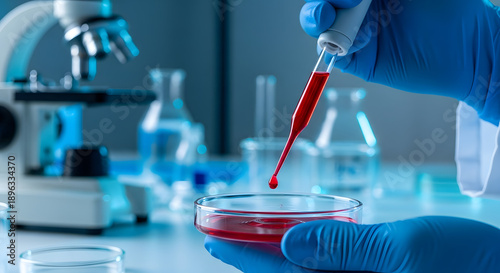 A scientist in blue gloves conducting an experiment with red liquid in a petri dish in a laboratory setting with a microscope and glassware.