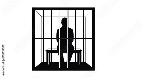 Silhouette of a person seated on a bench inside a barred cell